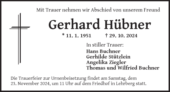 Traueranzeige von Gerhard Hübner von Ansbach