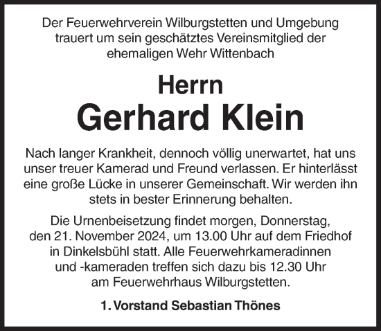 Traueranzeige von Gerhard Klein von Dinkelsbühl/ Feuchtwangen