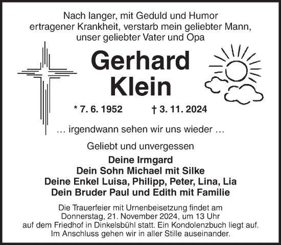 Traueranzeige von Gerhard Klein von Dinkelsbühl/ Feuchtwangen