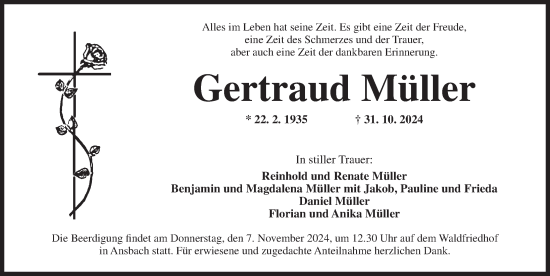 Traueranzeige von Gertraud Müller von Ansbach