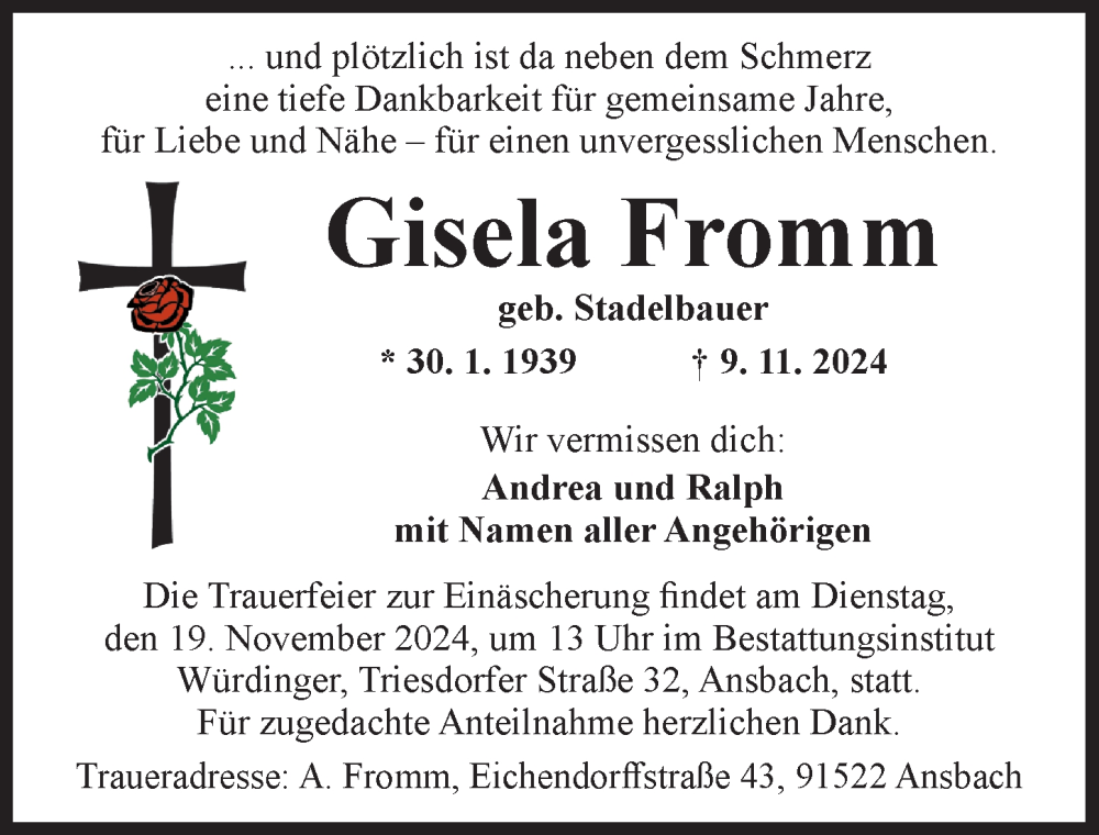  Traueranzeige für Gisela Fromm vom 16.11.2024 aus Ansbach