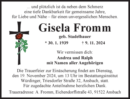 Traueranzeige von Gisela Fromm von Ansbach