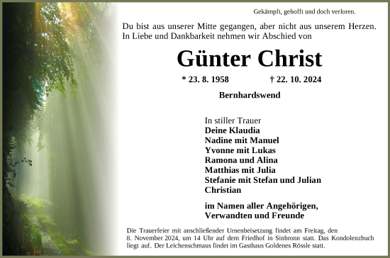 Traueranzeige von Günter Christ von Dinkelsbühl/ Feuchtwangen