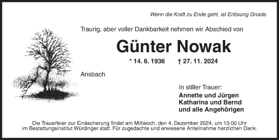 Traueranzeige von Günter Nowak von Ansbach