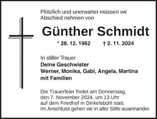 Traueranzeige von Günther Schmidt von Dinkelsbühl/ Feuchtwangen