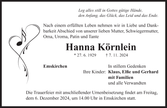 Traueranzeige von Hanna Körnlein von Neustadt/ Scheinfeld/ Uffenheim