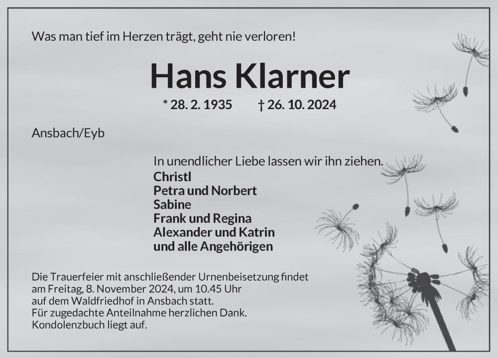  Traueranzeige für Hans Klarner vom 06.11.2024 aus Ansbach