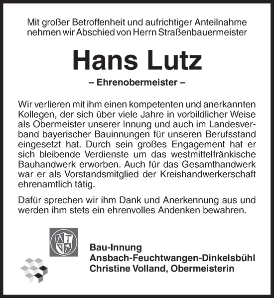 Traueranzeige von Hans Lutz von GE