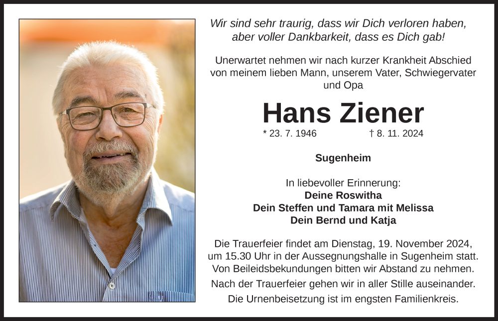  Traueranzeige für Hans Ziener vom 16.11.2024 aus Neustadt/ Scheinfeld/ Uffenheim