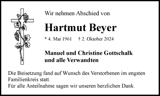 Traueranzeige von Hartmut Beyer von Rothenburg