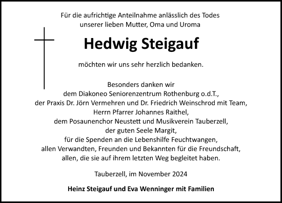 Traueranzeige von Hedwig Steigauf von Rothenburg