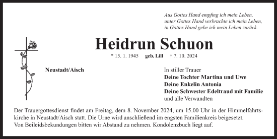 Traueranzeige von Heidrun Schuon von Neustadt/ Scheinfeld/ Uffenheim