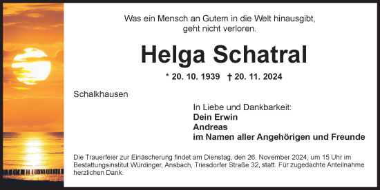 Traueranzeige von Helga Schatral von Ansbach