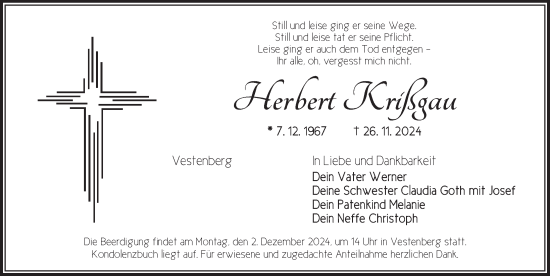 Traueranzeige von Herbert Krißgau von Ansbach