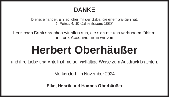 Traueranzeige von Herbert Oberhäußer von Ansbach