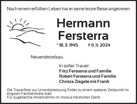 Traueranzeige von Hermann Fersterra von Ansbach