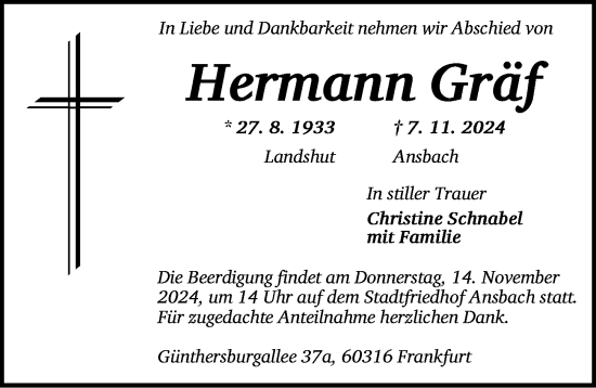 Traueranzeige von Hermann Gräf von Ansbach