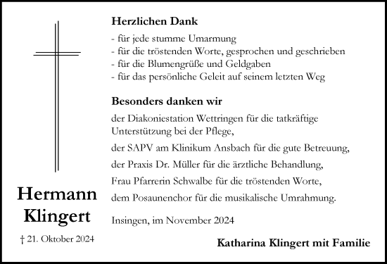 Traueranzeige von Hermann Klingert von Rothenburg