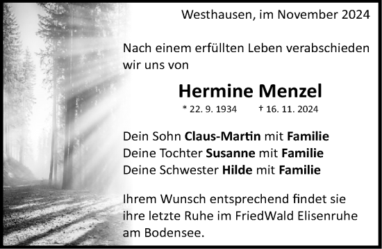 Traueranzeige von Hermine Menzel von Dinkelsbühl/ Feuchtwangen