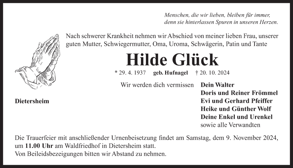  Traueranzeige für Hilde Glück vom 06.11.2024 aus Neustadt/ Scheinfeld/ Uffenheim