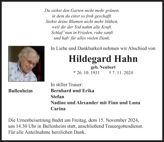 Traueranzeige von Hildegard Hahn von Neustadt/ Scheinfeld/ Uffenheim