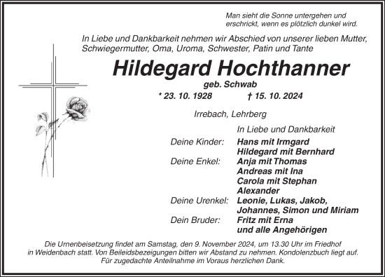 Traueranzeige von Hildegard Hochthanner von Ansbach