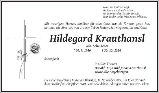 Traueranzeige von Hildegard Krauthansl von Dinkelsbühl/ Feuchtwangen