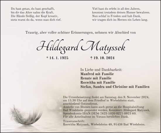 Traueranzeige von Hildegard Matyssek von Neustadt/ Scheinfeld/ Uffenheim