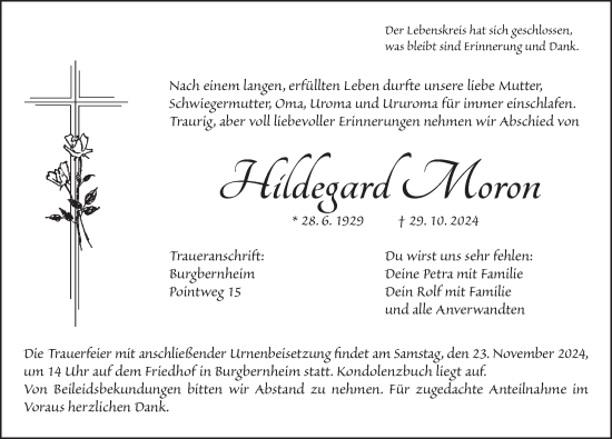 Traueranzeige von Hildegard Moron von Neustadt/ Scheinfeld/ Uffenheim