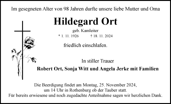 Traueranzeige von Hildegard Ort von Rothenburg