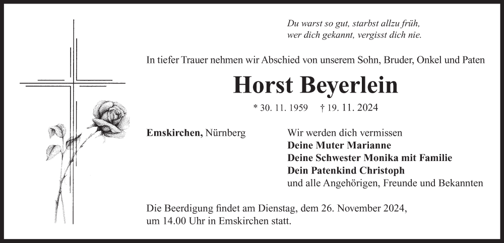  Traueranzeige für Horst Beyerlein vom 23.11.2024 aus Neustadt/ Scheinfeld/ Uffenheim