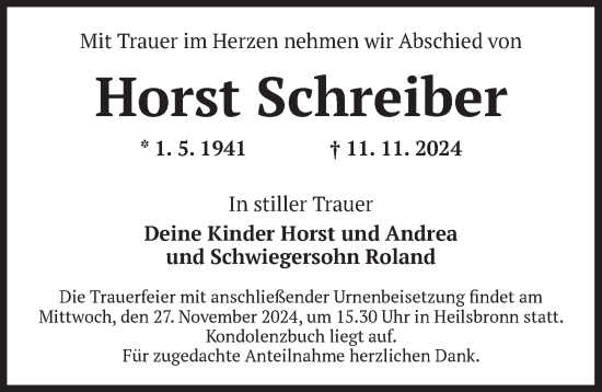 Traueranzeige von Horst Schreiber von Ansbach