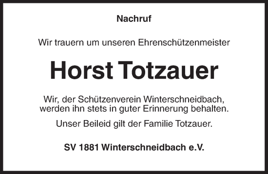 Traueranzeige von Horst Totzauer von Ansbach