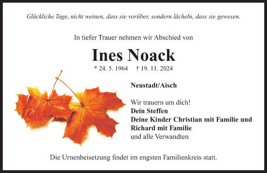 Traueranzeige von Ines Noack von Neustadt/ Scheinfeld/ Uffenheim