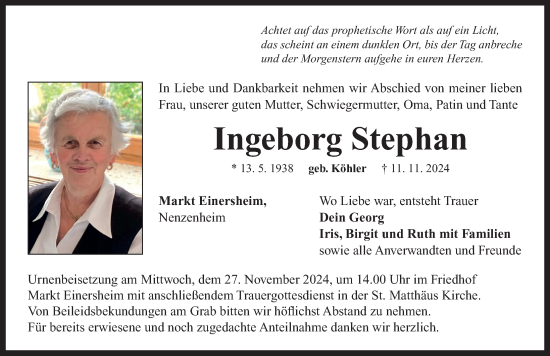 Traueranzeige von Ingeborg Stephan von Neustadt/ Scheinfeld/ Uffenheim