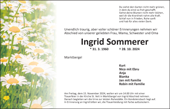 Traueranzeige von Ingrid Sommerer von Neustadt/ Scheinfeld/ Uffenheim