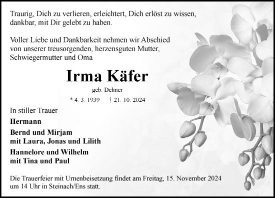 Traueranzeige von Irma Käfer von Rothenburg