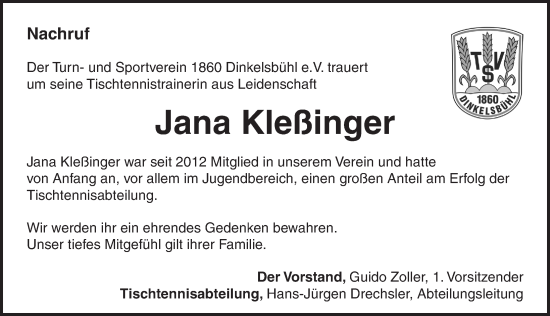 Traueranzeige von Jana Kleßinger von Dinkelsbühl/ Feuchtwangen