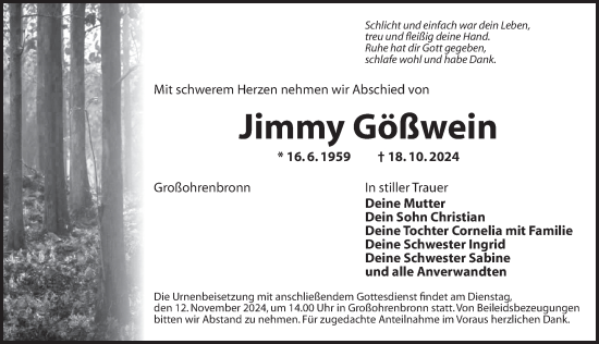 Traueranzeige von Jimmy Gößwein von Dinkelsbühl/ Feuchtwangen