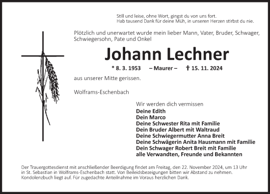 Traueranzeige von Johann Lechner von Ansbach