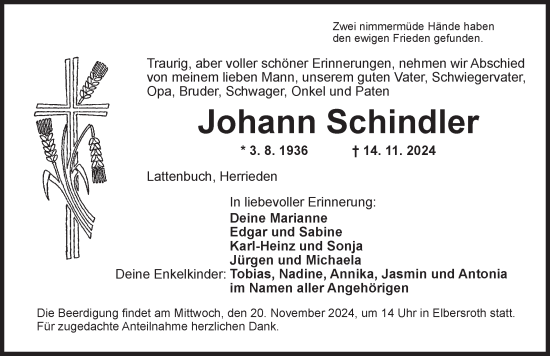 Traueranzeige von Johann Schindler von Ansbach