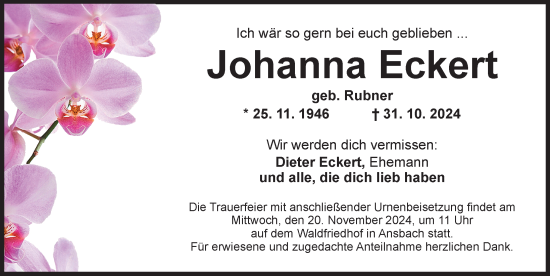 Traueranzeige von Johanna Eckert von Ansbach