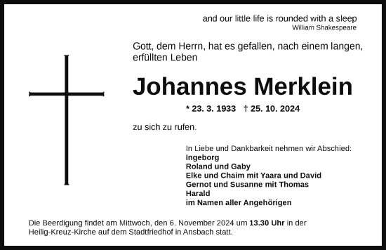 Traueranzeige von Johannes Merklein von Ansbach