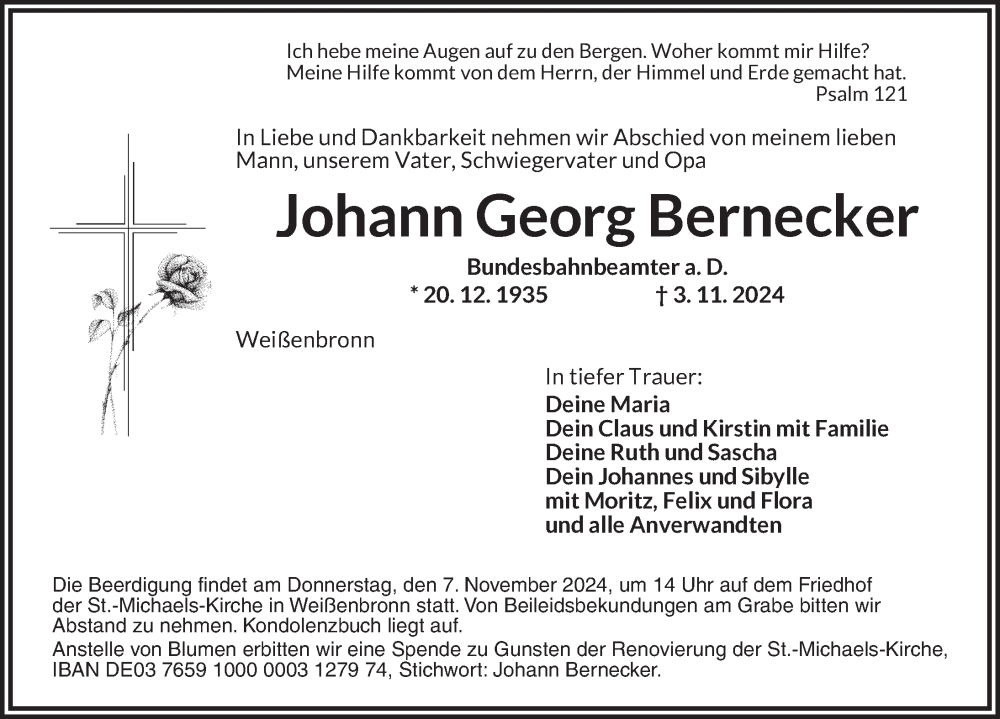  Traueranzeige für Johann Georg Bernecker vom 06.11.2024 aus Ansbach