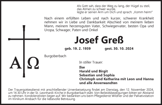 Traueranzeige von Josef Greß von Ansbach