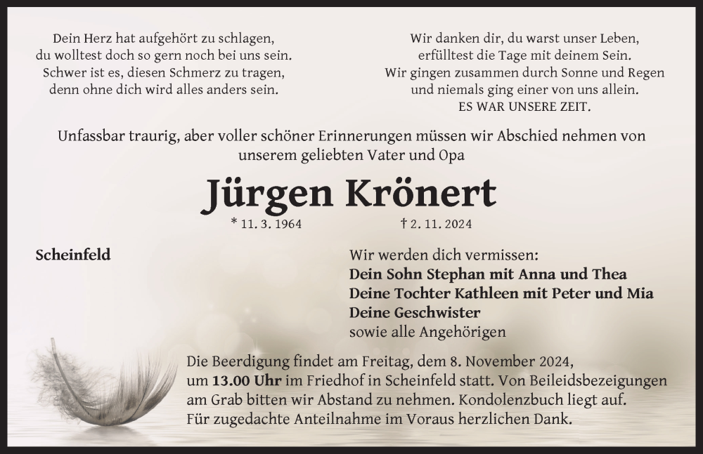  Traueranzeige für Jürgen Krönert vom 06.11.2024 aus Neustadt/ Scheinfeld/ Uffenheim