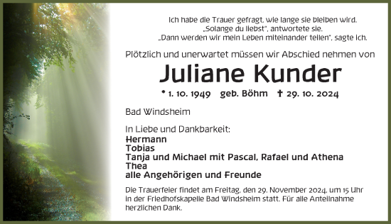 Traueranzeige von Juliane Kunder von Neustadt/ Scheinfeld/ Uffenheim