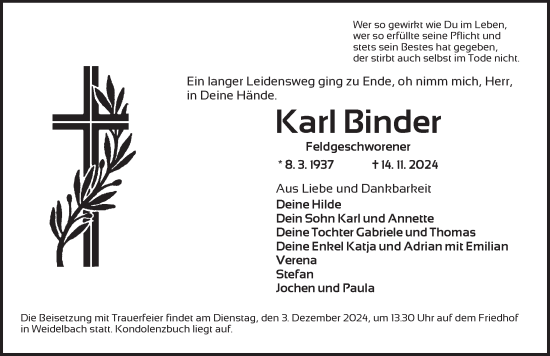 Traueranzeige von Karl Binder von Dinkelsbühl/ Feuchtwangen