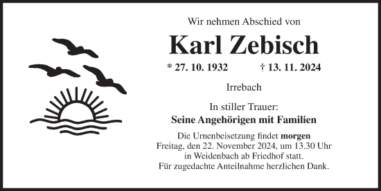 Traueranzeige von Karl Zebisch von Ansbach