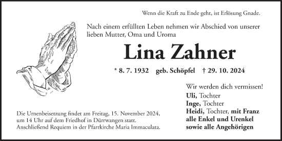 Traueranzeige von Lina Zahner von Dinkelsbühl/ Feuchtwangen